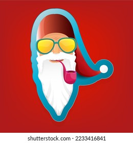 vector rock n roll santa claus with smoking pipe and funky beard isolated on red background. Christmas hipster poster background or merry christmas concept vector background. Santa Claus icon or labe