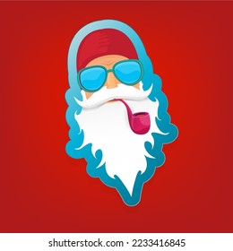 vector rock n roll santa claus with smoking pipe and funky beard isolated on red background. Christmas hipster poster background or merry christmas concept vector background. Santa Claus icon or labe