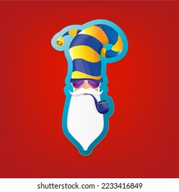 vector rock n roll santa claus with smoking pipe and funky beard isolated on red background. Christmas hipster poster background or merry christmas concept vector background. Santa Claus icon or labe