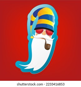 vector rock n roll santa claus with smoking pipe and funky beard isolated on red background. Christmas hipster poster background or merry christmas concept vector background. Santa Claus icon or labe