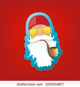 vector rock n roll santa claus with smoking pipe and funky beard isolated on red background. Christmas hipster poster background or merry christmas concept vector background. Santa Claus icon or labe