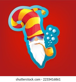 vector rock n roll santa claus with smoking pipe and funky beard isolated on red background. Christmas hipster poster background or merry christmas concept vector background. Santa Claus icon or labe