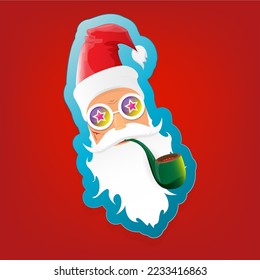 vector rock n roll santa claus with smoking pipe and funky beard isolated on red background. Christmas hipster poster background or merry christmas concept vector background. Santa Claus icon or labe