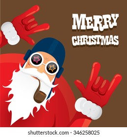 vector rock n roll santa claus with smoking pipe. Christmas hipster poster for party or greeting card. vector bad santa xmas poster background
