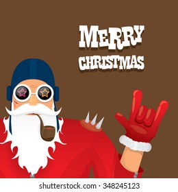 vector rock n roll santa claus with smoking pipe. Christmas hipster poster for party or greeting card. vector bad santa xmas poster background