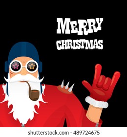 vector rock n roll santa claus with smoking pipe. Christmas hipster poster for party or greeting card. vector bad santa xmas poster background