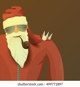 vector rock n roll santa claus with smoking pipe. Christmas hipster poster for party or greeting card. vector bad santa xmas poster background