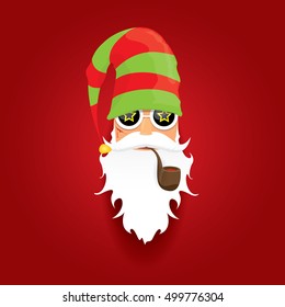 vector rock n roll santa claus with smoking pipe and funky beard. Christmas hipster poster background or merry christmas concept vector background.