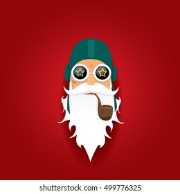 vector rock n roll santa claus with smoking pipe and funky beard. Christmas hipster poster background or merry christmas concept vector background.