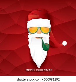 vector rock n roll santa claus with smoking pipe and funky beard. Christmas hipster poster background or merry christmas concept vector background.