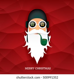 vector rock n roll santa claus with smoking pipe and funky beard. Christmas hipster poster background or merry christmas concept vector background.