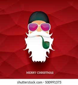 vector rock n roll santa claus with smoking pipe and funky beard. Christmas hipster poster background or merry christmas concept vector background.