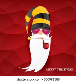 vector rock n roll santa claus with smoking pipe and funky beard. Christmas hipster poster background or merry christmas concept vector background.