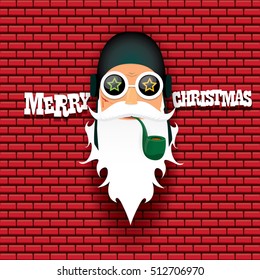 vector rock n roll santa claus with smoking pipe and funky beard. Christmas hipster poster background or merry christmas concept vector background.