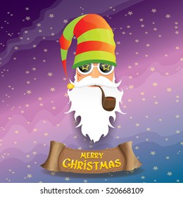 vector rock n roll santa claus with smoking pipe, funky beard and santa hat. Christmas hipster poster background or merry christmas concept vector background.