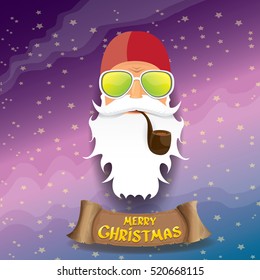 vector rock n roll santa claus with smoking pipe, funky beard and santa hat. Christmas hipster poster background or merry christmas concept vector background.