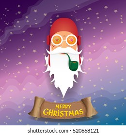 vector rock n roll santa claus with smoking pipe, funky beard and santa hat. Christmas hipster poster background or merry christmas concept vector background.