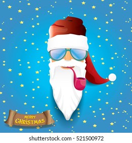 vector rock n roll santa claus with smoking pipe, funky beard and santa hat. Christmas hipster poster background or merry christmas concept vector background.