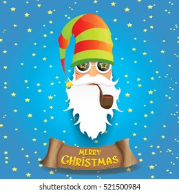vector rock n roll santa claus with smoking pipe, funky beard and santa hat. Christmas hipster poster background or merry christmas concept vector background.