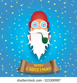 vector rock n roll santa claus with smoking pipe, funky beard and santa hat. Christmas hipster poster background or merry christmas concept vector background.