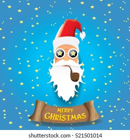 vector rock n roll santa claus with smoking pipe, funky beard and santa hat. Christmas hipster poster background or merry christmas concept vector background.