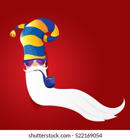 vector rock n roll santa claus with smoking pipe, funky beard and santa hat. Christmas hipster poster background or merry christmas concept vector background.