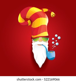 vector rock n roll santa claus with smoking pipe, funky beard and santa hat. Christmas hipster poster background or merry christmas concept vector background.