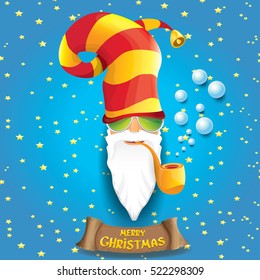 vector rock n roll santa claus with smoking pipe, funky beard and santa hat. Christmas hipster poster background or merry christmas concept vector background.