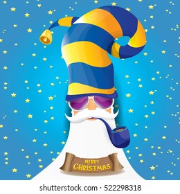vector rock n roll santa claus with smoking pipe, funky beard and santa hat. Christmas hipster poster background or merry christmas concept vector background.