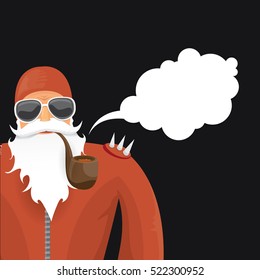 vector rock n roll santa claus with smoking pipe, santa beard and funky santa hat. Christmas hipster poster for party or greeting card. vector bad santa xmas poster background 