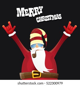 vector rock n roll santa claus with smoking pipe, santa beard and funky santa hat. Christmas hipster poster for party or greeting card. vector bad santa xmas poster background 