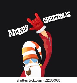 vector rock n roll santa claus with smoking pipe, santa beard and funky santa hat. Christmas hipster poster for party or greeting card. vector bad santa xmas poster background 
