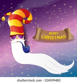 vector rock n roll santa claus with smoking pipe, funky beard and santa hat. Christmas hipster poster background or merry christmas concept vector background.