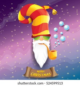 vector rock n roll santa claus with smoking pipe, funky beard and santa hat. Christmas hipster poster background or merry christmas concept vector background.