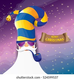 vector rock n roll santa claus with smoking pipe, funky beard and santa hat. Christmas hipster poster background or merry christmas concept vector background.