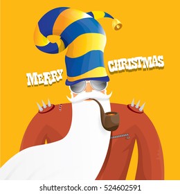 vector rock n roll santa claus with smoking pipe, santa beard and funky santa hat. Christmas hipster poster for party or greeting card. vector bad santa xmas poster background