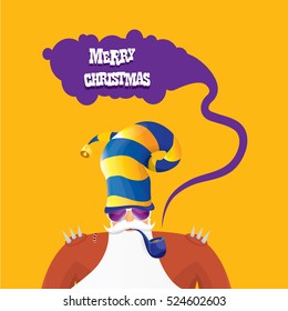 vector rock n roll santa claus with smoking pipe, santa beard and funky santa hat. Christmas hipster poster for party or greeting card. vector bad santa xmas poster background