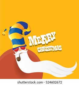 vector rock n roll santa claus with smoking pipe, santa beard and funky santa hat. Christmas hipster poster for party or greeting card. vector bad santa xmas poster background