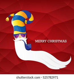 vector rock n roll santa claus with smoking pipe, funky beard and santa hat. Christmas hipster poster background or merry christmas concept vector background.