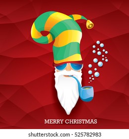 vector rock n roll santa claus with smoking pipe, funky beard and santa hat. Christmas hipster poster background or merry christmas concept vector background.