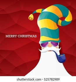 vector rock n roll santa claus with smoking pipe, funky beard and santa hat. Christmas hipster poster background or merry christmas concept vector background.