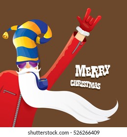 vector rock n roll santa claus with smoking pipe, santa beard and funky santa hat. Christmas hipster poster for party or greeting card. vector bad santa xmas poster background