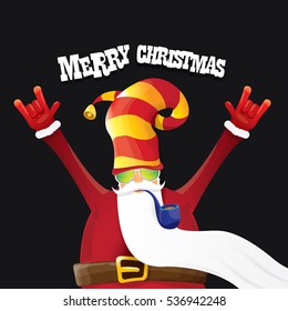 vector rock n roll santa claus with smoking pipe, santa beard and funky santa hat. Christmas hipster poster for party or greeting card. vector bad santa xmas poster background