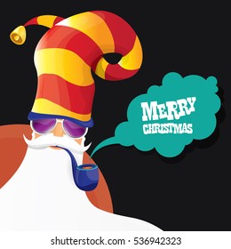 vector rock n roll santa claus with smoking pipe, santa beard and funky santa hat. Christmas hipster poster for party or greeting card. vector bad santa xmas poster background