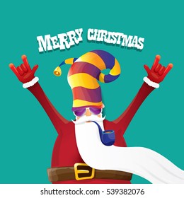 vector rock n roll santa claus with smoking pipe, santa beard and funky santa hat. Christmas hipster poster for party or greeting card. vector bad santa xmas poster background