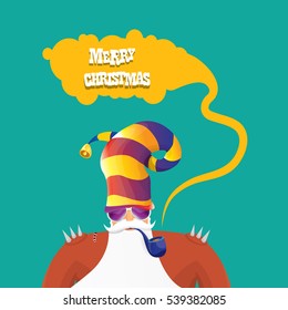 vector rock n roll santa claus with smoking pipe, santa beard and funky santa hat. Christmas hipster poster for party or greeting card. vector bad santa xmas poster background