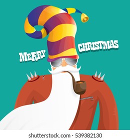 vector rock n roll santa claus with smoking pipe, santa beard and funky santa hat. Christmas hipster poster for party or greeting card. vector bad santa xmas poster background