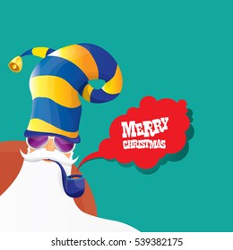vector rock n roll santa claus with smoking pipe, santa beard and funky santa hat. Christmas hipster poster for party or greeting card. vector bad santa xmas poster background
