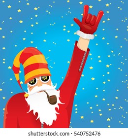vector rock n roll santa claus with smoking pipe. Christmas hipster poster for party or greeting card. vector bad santa xmas poster background
