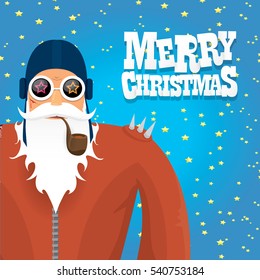 vector rock n roll santa claus with smoking pipe, santa beard and funky santa hat. Christmas hipster poster for party or greeting card. vector bad santa xmas poster background
